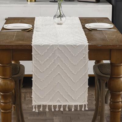 TEMU 1pc Bohemian Style Decorative Table Runner With Burlap Jacquard Wavy Pattern In Solid Color For Dining Room And Living Room Tassel Decoration, Polyester Material, Image