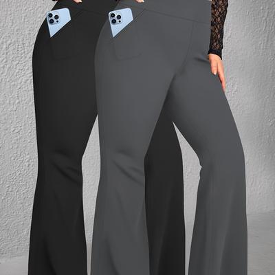 TEMU 2pcs Plus Size High-waist Flare Pants With Slant Pockets - Stretchy & Comfortable, All Image