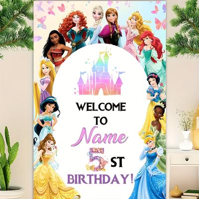 TEMU [] Princess Personalized Wall Background - Customizable, 20 Personalized Numbers , Polyester Fabric, No Electricity Required, Large Size, Suitable For Parties, Birthday Office And Home Decoration Image