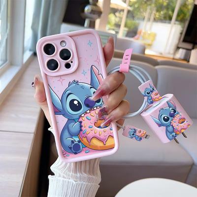 TEMU Set Of Donuts, Including 1 Pink Phone Case, 1 Charger Cover, Cable Tie, And 2 Data Cable Protectors, Compatible With Iphone Models 16/15/14/13/12/11/8/7 Pro/pro Max/plus/x/xs/xr/xs Max, Gifting. Image
