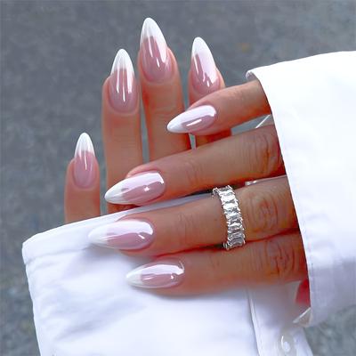 TEMU 24pcs New Medium-long Electroplated White French Style Nail Stickers For Wearable Artificial Nails Image