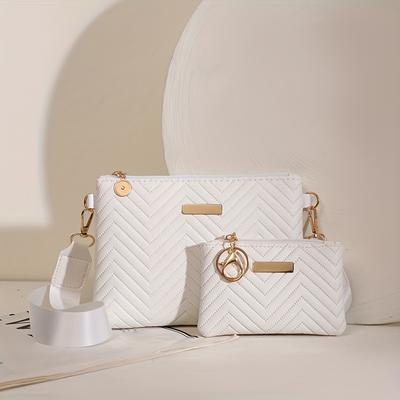 TEMU 2pcs Women's Wave Embossed Combination Bag Solid Color Shiny Hardware Crossbody Bag Ultra Simple Shoulder Bag Envelope Wallet Coin Purse Handbag With Safety Zipper And Detachable Strap Image