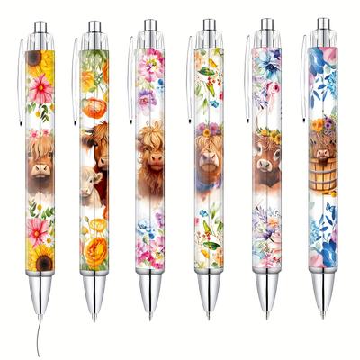 TEMU 6/12pcs Highland Cow Ballpoint Pen Set Cow Printed Pens Cute Supplies Accessories Item Stationery School Home Office Desk Planning Decorations Theme Valentine Gifts Gifts For Her Image