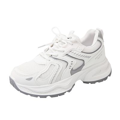 TEMU Women's Lace-up Sneakers With Breathable Mesh Upper - Stylish White And Gray Casual Athletic Shoes, Low Top, , Rubber Sole, Casual Athletic Shoes|stylish Casual Shoes|rubber Base Image