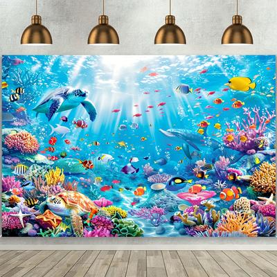 TEMU Photography Backdrop, Polyester Underwater Scene Banner With Turtle, Fish & Coral, Universal Holiday Decor, No Electricity Needed, For Parties & Summer Events Image