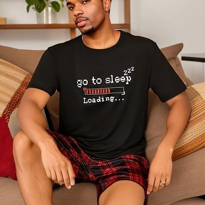 "TEMU Men's Comfortable Knit Pajama Set - "go To Sleep Loading" Graphic Tee & Shorts, Elastic Waistband, Machine Washable, Casual , Pajamas For Sleeping" Image