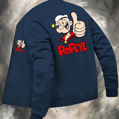 TEMU Men's Navy Blue Cartoon Print Jacket - Casual Zip-up With Pockets, Stand Collar, Long Sleeve, Polyester, Wear Image
