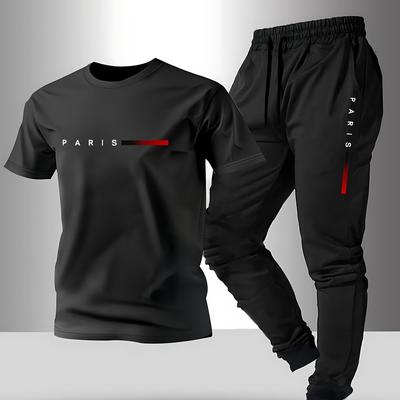 TEMU Men's Crew Neck Short Sleeve T-shirt And Pants Set, Slim Fit, Fashion Casual, , Polyester 100%, For Outdoor Activities, Party, Date, Commuter Wear Image