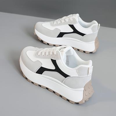 TEMU Women's High-quality Height-increasing Sneakers - Breathable, Comfortable Running Shoes With Soft Pvc Sole, Lace- In Red & Cream, Ideal For Students And Casual Wear Image