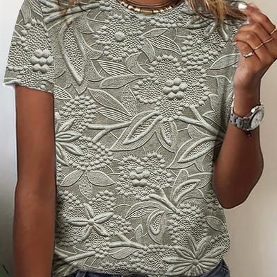 TEMU Stylish Floral Print Women's Short-sleeve T-shirt, Creative Casual Round Neck Top For S Image