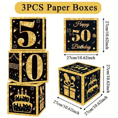 TEMU 3pcs/set,black Golden 50th Birthday Balloon Box,27cm,birthday Paper Box, Old Birthday Party Background Decoration,happy Birthday Party Decoration Boxes,adults Birthday Party Packs Image