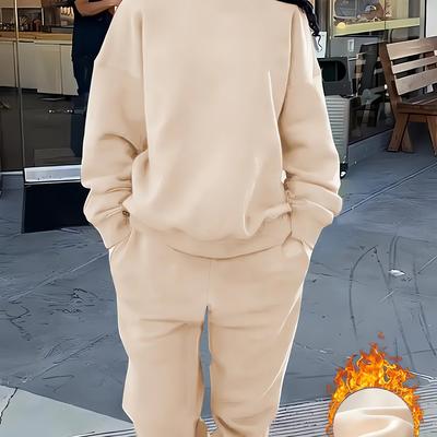 TEMU Solid Color 2 Piece Set, Crew Neck Sweatshirt & Pants, Women's Clothing Image