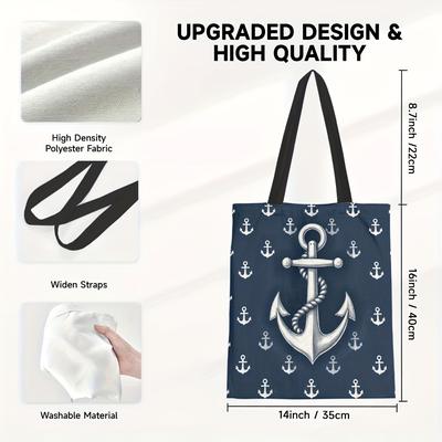 TEMU 1pc Nautical Anchor Print Tote Bag – Stylish Women’s Shoulder Bag With Rope & Metal Anchor Design, Durable Polyester, Dark Blue With White Accents, Casual , , Or Gifting Image