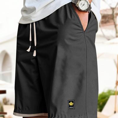 TEMU 1pc Men' 2-in-1 Shorts With Drawstring Waist - Black Casual Polyester Blend, For Beach Vacations, Outdoor Activities & Everyday Leisure, Casual | Twopiece Illusion | Polyester Blend Shorts Image