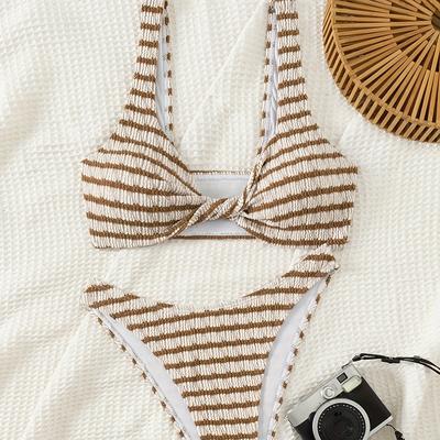TEMU Sexy Striped Twist Wrap Bikini Set - High Stretch Fabric, Solid Color Pattern, White & Brown, Beach & Pool, Beach Attire| Design|stretchy Fabric Image