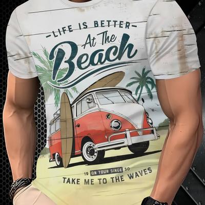 "TEMU Men's " " Graphic T-shirt - Vintage Van Design, Short Sleeve, Casual Summer Tee, Fit, Beach Accessories | Retro Beachwear |" Image