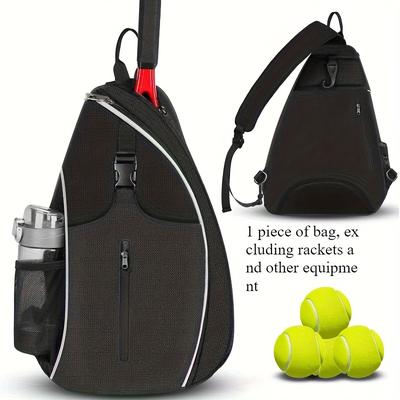 TEMU High Quality Tennis Shoulder Bag With Racket Holder - Unisex, Black, Multiple Compartments For Tennis & Pickleball Accessories, Adjustable Strap, Mesh Pocket For Balls Image