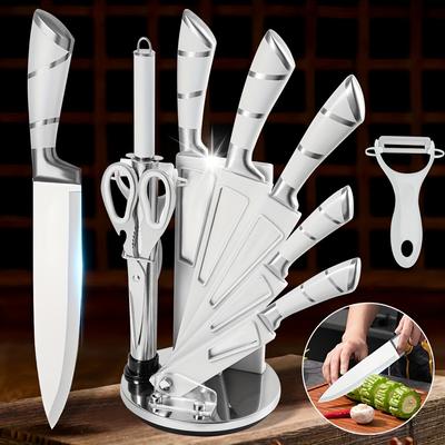TEMU 9pcs Kitchen Knife Set With Its Own Knife Rack Storage Cabinet, Knives, Stainless Steel Knives, Sturdy And Durable, Comfortable Handle, Suitable For Cutting Vegetables, Meat, Fruits, Home, ! Image