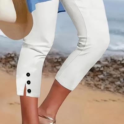 TEMU Women' Solid Color Capri Pants With Button Details - Medium Elasticity, Machine Washable, Casual Wear For Adults, Comfortable Leisurewear | Sleek Capri Pants | Stretchable Fabric, Capri Leggings Image