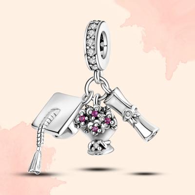 TEMU Vintage Graduation Gift Beaded Charm, 925 Silver Plated Copper, With Pink Floral Cap And Diploma Pendants, Synthetic Zirconia, For Daily And Party Occasions Image