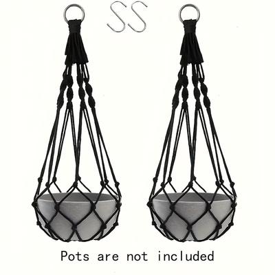 TEMU 2pcs Bohemian Hand-woven Flower Pot Net Hangers - Black & White Macramé Plant Holders With Metal Hooks For Indoor/outdoor Home & Garden Decor, For Stylish Plant Display Image