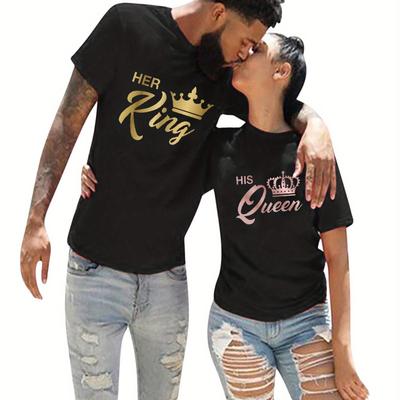 TEMU [couple Matching King Tee] Couple T-shirt Couple Crewneck Outfit King And T-shirt Husband And Wife Tee 1pc Couples Matching T-shirts Men Women Valentine's Day Short Sleeve Couple T-shirt Image