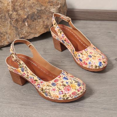TEMU Women's Floral Print Chunky Heel Sandals - Elegant Summer With Ankle Strap, Comfortable Cover, Round Toe, And Stylish Thick Vibrant Floral Patterns Image