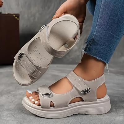 TEMU Women's Sandals Black, High-quality Pu Material With Adjustable Strap, Comfortable Thick Sole Style, Beige/black/ Wear | Durable Synthetic Cover Shoes Image