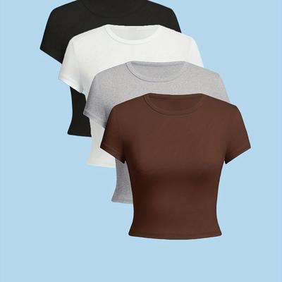 TEMU 4pcs Set Of Minimalist T-shirts With And Versatile Round Neck Short Sleeves Image
