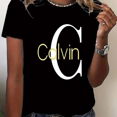 "TEMU Women's "" Graphic Tee - Casual Crew Neck Short Sleeve T-shirt, Fashionable Printed Design, Polyester Blend, Outfits" Image