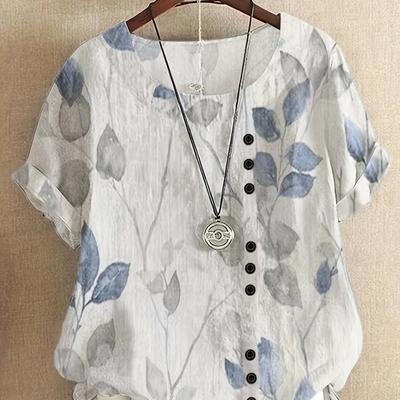 TEMU Women's Plus Size Summer Casual Loose Fit Floral Print Short Sleeve Blouse - 100% Polyester, Round Neck, Side Slit Details, Machine Washable, Elegant Semi-sheer Top For Spring/summer Image
