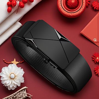 TEMU Men's Fashion Black Belt, Automatic Design - Stylish Business And , Versatile Matching With Jeans, , Leather Material Image