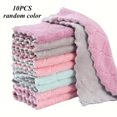 TEMU 10pcs Double-sided Dual-color Coral Fleece Cloths, Cleaning Rags For Household Use, Reusable Cleaning Towels Image