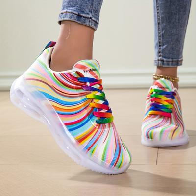 TEMU Affordable Women's Casual Sneakers With Rainbow Stripes, Fashionable Flat Shoes For Beach And Image
