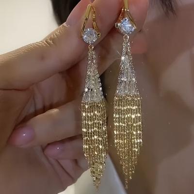 TEMU Elegant Dangle Earrings Sparkling Tassel Design Shining Zirconia Match Daily Outfits Party Accessories Casual Dating Decor Image
