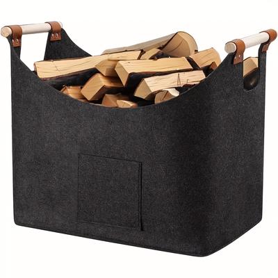 TEMU Felt Firewood Log Carrier Basket With Wooden Handles And Pocket - Design For Efficient Firewood Storage, Outdoor Log Holder | Modern Firewood Basket | Felt Construction Image