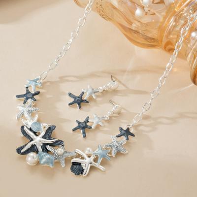 TEMU Bohemian Blue Starfish Conch Scallop Pearl Necklace Earrings 1 Set Simple Alloy Enamel Craft Sense Light Luxury High-end Sense Seaside Photo Wedding Souvenir Jewelry Image