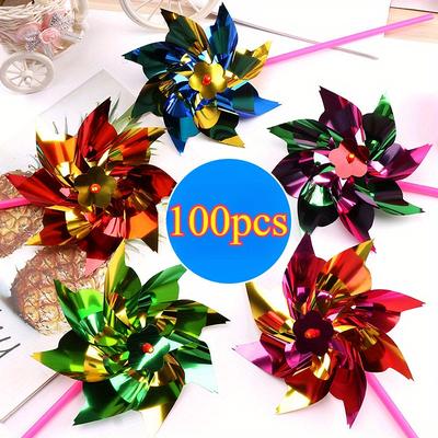 TEMU 100pcs Colorful Plastic Wind Spinners With Laser Sequins - Diy Assembly Garden Decor For Yard, Fence, Railing, Tree - No Electricity Needed Image