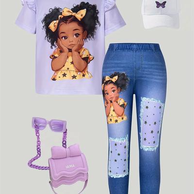 TEMU Girls' Casual Sweet Cute Little Girl Pattern Short Sleeve Round Neck T-shirt + Mid-rise Comfortable Pocket Denim Bottoms Suitable For Spring, Summer, Autumn Outfits Holiday Gift, Outdoor Image