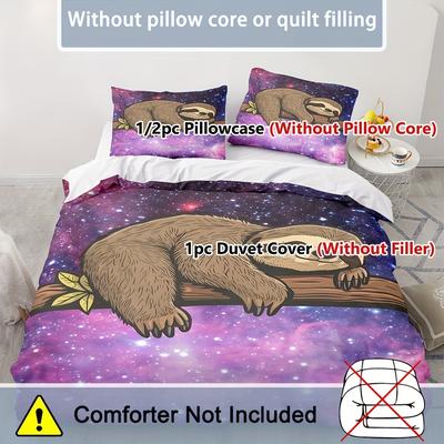 TEMU Purple Cartoon Sloth, Animal Theme Bedding Set, Quilt Cover Set, Zipper Design, Machine Washable, Halloween And Christmas Holiday Gift 1 Quilt Cover +1/2 Pillowcase, No Filling Image