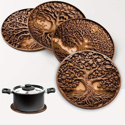 TEMU 4pcs Tree Of Life Wooden Trivet Set - Heat Resistant Pot Holder, Round Non-slip Coasters For Kitchen, Dining Table, Countertop, Hot Dishes, Home, Office, Parties & Holidays Image