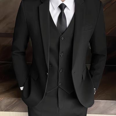 TEMU Men's Slim Fit Black Blazer With Pockets - Casual , Single-breasted Jacket, Non-stretch Fabric, Wear, Trendy Lapel Collar Design, Formal Events Clothing | Slim Fit Blazer | Stylish Men's Suit Image