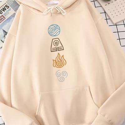 TEMU [home Relaxation] Unisex Geometric Print Hoodie - Cozy Streetwear With Blue & Orange Design, Drawstring Hood, Front Pockets, Long Sleeve - Fall/winter, Sweater Image