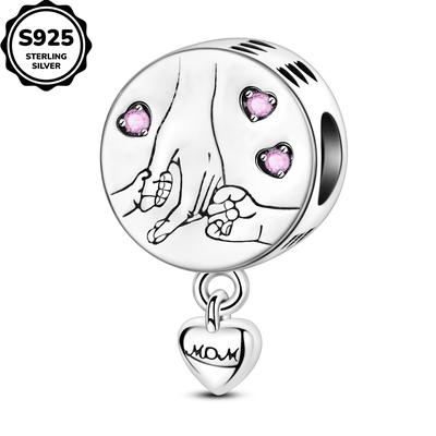 TEMU 1pc 925 Silver Simple Pink Cubic Family Hand In Hand Mother My Charms Fit Original Bracelet Necklace Pendant Beads For Making Women Day Jewelry Gift For Mom Image
