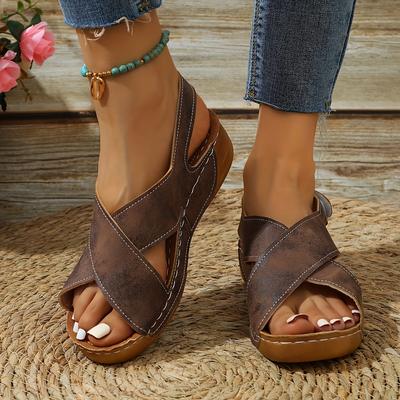 TEMU Women' Open-toe Summer Sandals With Adjustable Strap, Cover Upper & Rubber Sole, Casual Flat Heel For Casual Attire, Strappy Sandals Image