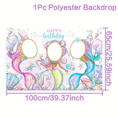 "TEMU 1pc Mermaid Theme Happy Birthday Photo Frame - 40"x25" Polyester Backdrop With Vibrant Underwater Decor, 1st Birthday Party Photography Prop, Little Mermaid Birthday Background" Image