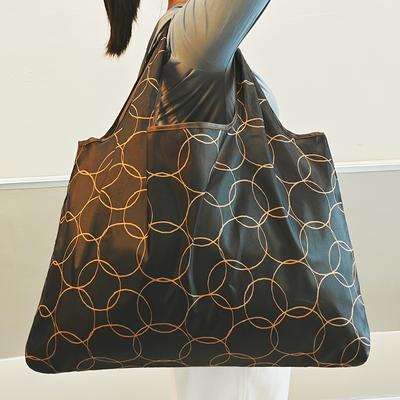 TEMU High-quality Large Capacity Reusable Shopping Tote - Portable, Lightweight & Foldable With Inner Pocket, Stain-resistant Polyester, Stylish Black & Print For Use Image