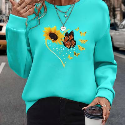 TEMU Elegant Crew Neck Sweatshirt For Women - 100% Polyester Knit Fabric With Sunflower & Geometric Print - Long Sleeve Pullover For All Image