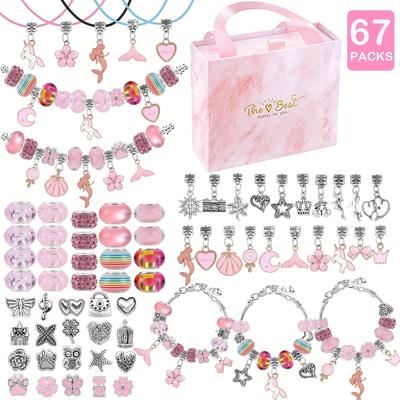 TEMU 67-piece Diy Charm Bracelet Bead Kit With Unicorn Mermaid Crafts, Includes 60 Charms, 3 Bracelets, And 3 Necklace Strands, Suitable For Birthday, Christmas, New Year's, Valentine's Day Gifts Image