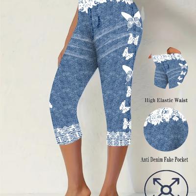 TEMU 1 Pair Tingyu Women's High Elastic Waist Print Capri Leggings - Anti Denim Pocket, 95% Polyester & 5% Elastane, Machine Washable, Fit For Casual Wear Image